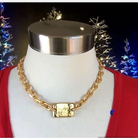 TORY BURCH ROXANNE DOUBLE T LOGO CHUNKY LINKS NECKLACE 18K GOLD - Picture 1 of 7